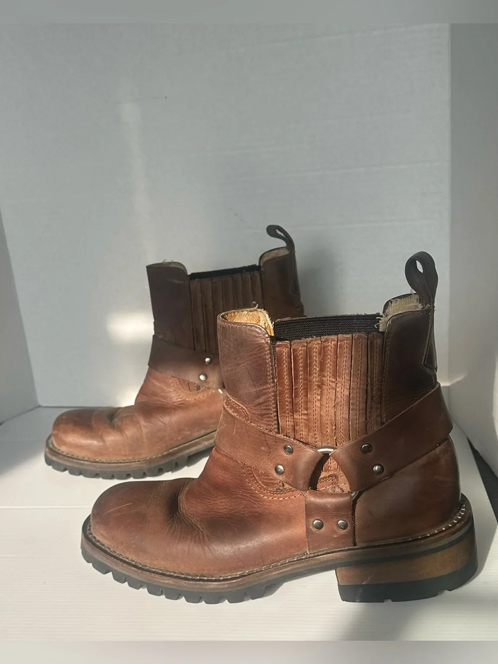 Vintage GBX Dorado Brown Leather Harness Boots Ankle Biker Moto Men's Size 8 D